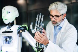 Bioinformatiker mit Roboter